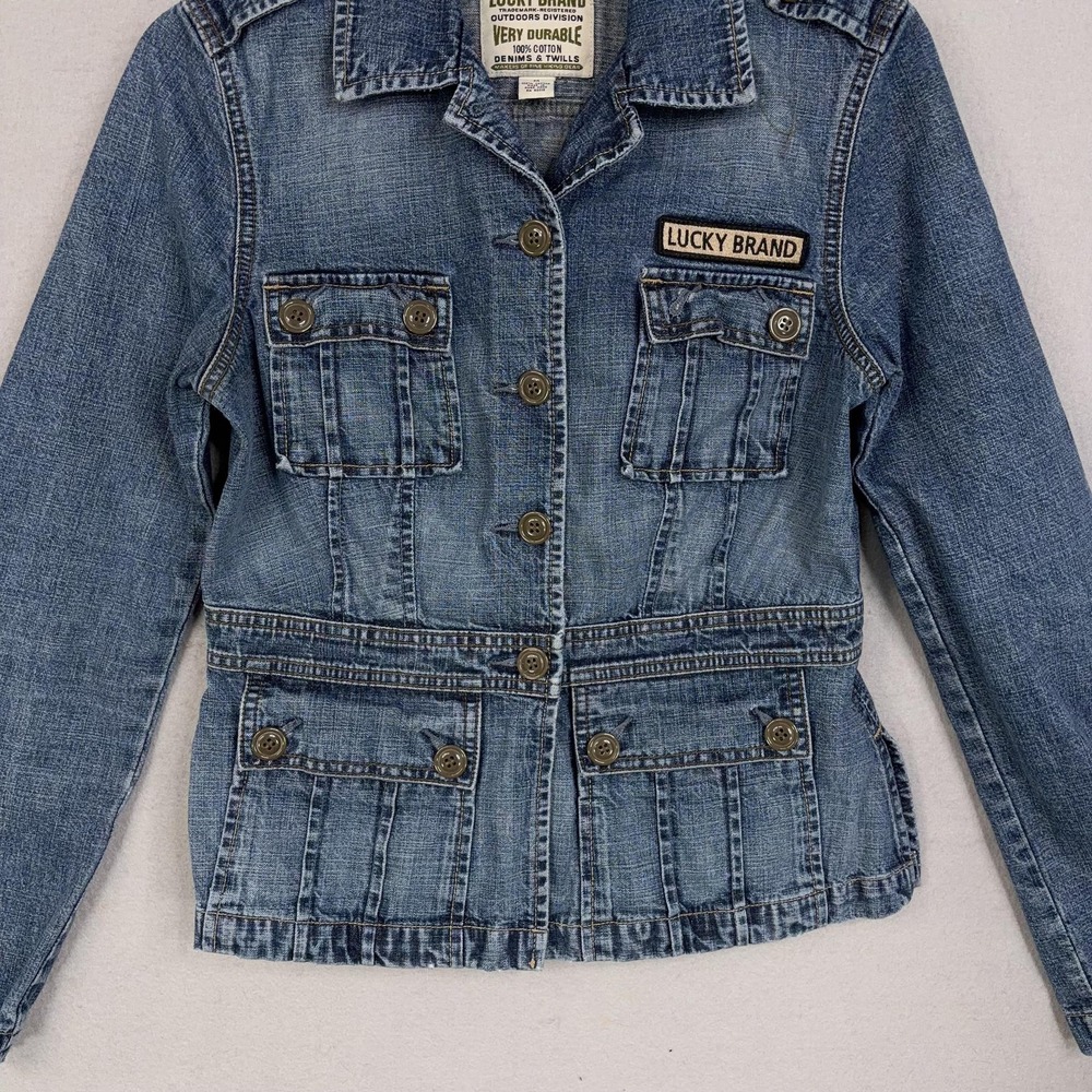 Vintage Lucky Brand Jacket Womens Medium Blue Denim Utility Cargo Pockets 90s - Picture 3 of 12